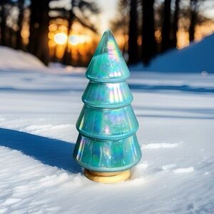 Iridescent Teal 6.5" Christmas Tree Figurine Gold Base Shimmering Holiday Decor